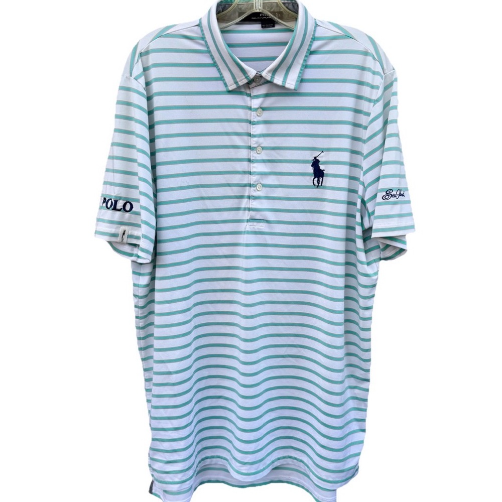 Ralph Lauren RLX Men Large Polo Shirt Performance Green White Striped Big Pony - Picture 2 of 11